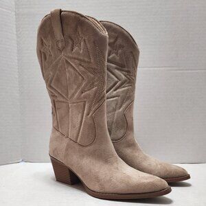 New Time and Tru Faux Suede Embroidered Western Boots - Sand - Size 10